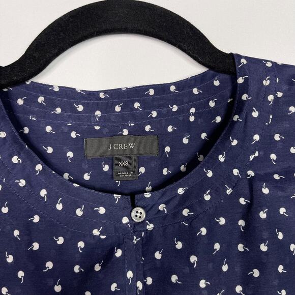 J Crew Womens 2XS Navy Blue Ruffle Tiny Cherries Printed Blouse Top Long Sleeve - Picture 9 of 14